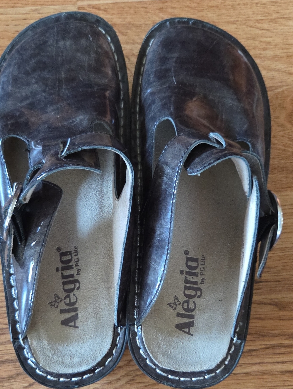 Alegria Womens Brownish Gray Leather Casual Clog with Adjustable Strap Sz 38 7.5